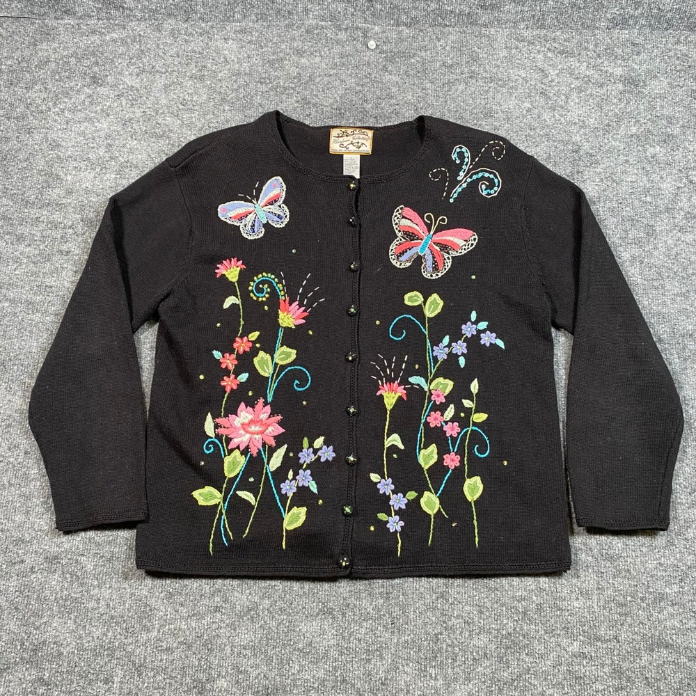 Heirloom Collectibles Vintage Black Floralâ Butterfly Embroidered Cardigan Large